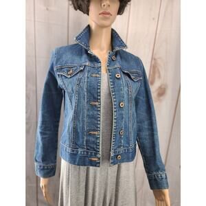 Vintage GAP Women XS Distressed Blue Denim Cotton Jean Jacket Brass Buttons
